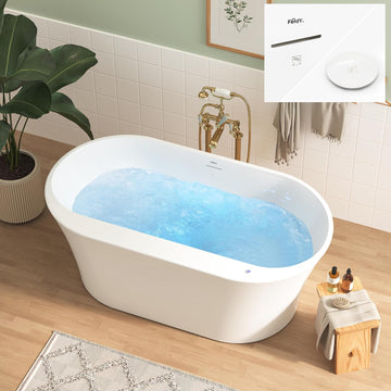 Mauritius 59 Inch Acrylic Freestanding Whirlpool Bathtub, Oval with 8 Air Water SPA Jets Morden White Stand Alone