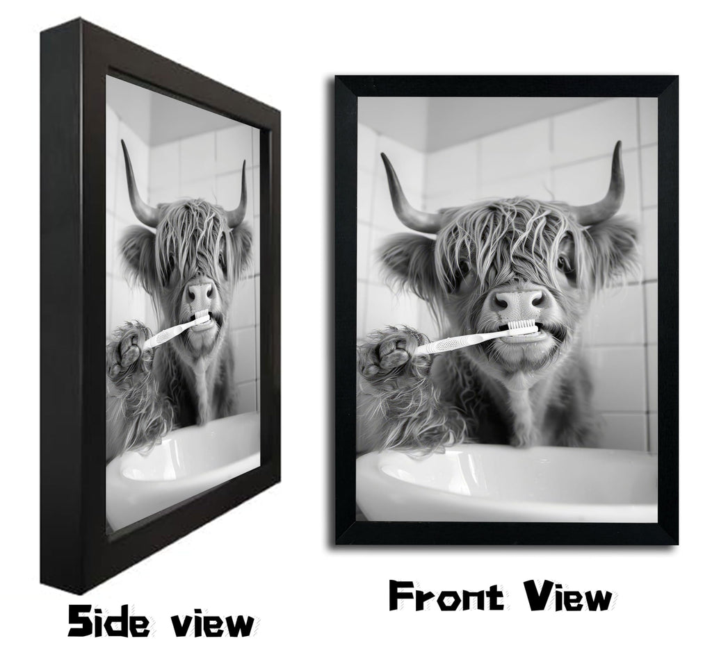 Black Framed-Funny Highland Cow Brushing Teeth Wall Art, Black and White Bathroom Animal Canvas Print, Retro Farmhouse