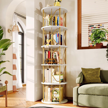 5 Tier Rotating Bookshelf Tower, Revolving Bookcase, Gold & White