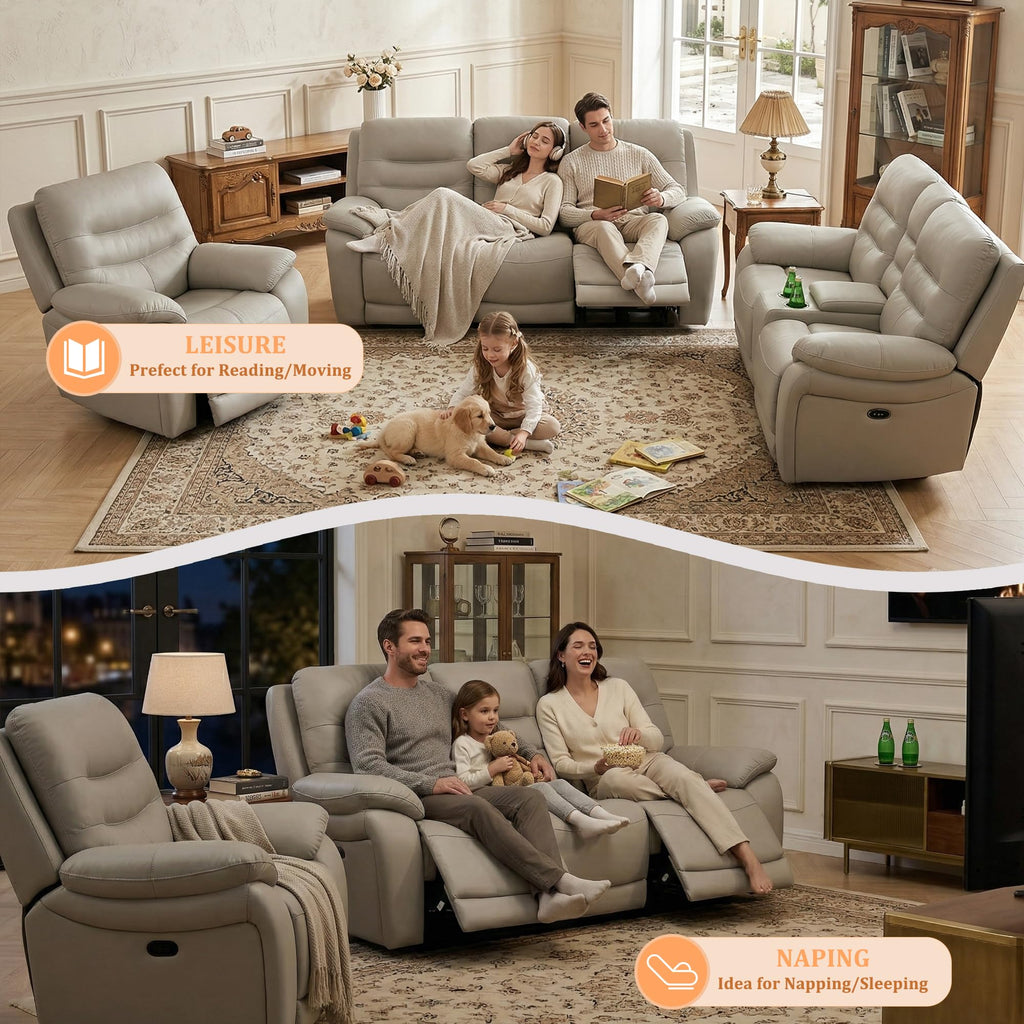 Power Reclining Sofa, 3-Seater Genuine Leather Recliner Couch, Light Grey Top Grain Leather Sofa with USB Port