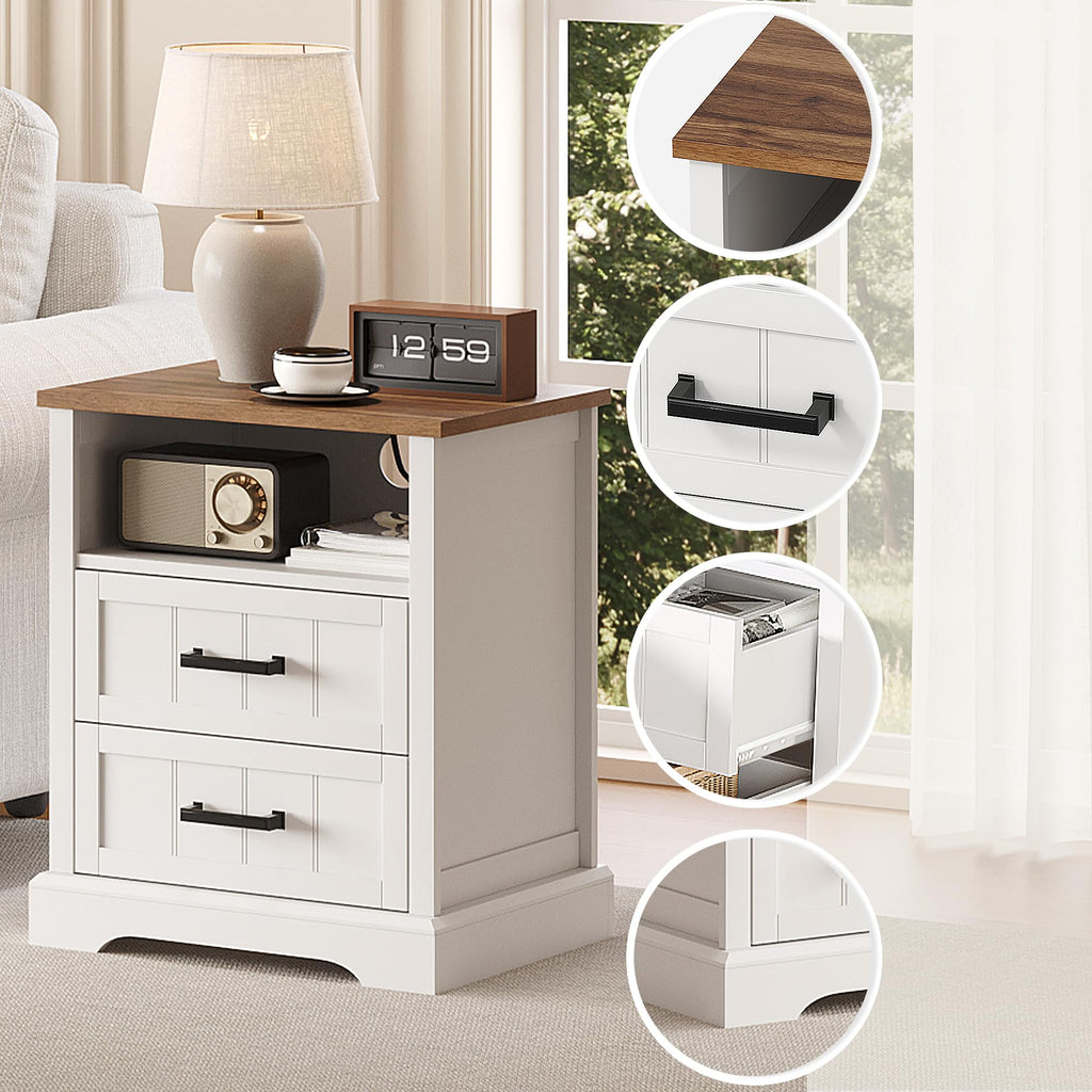 Farmhouse Night Stands with Charging Station 2 Drawers