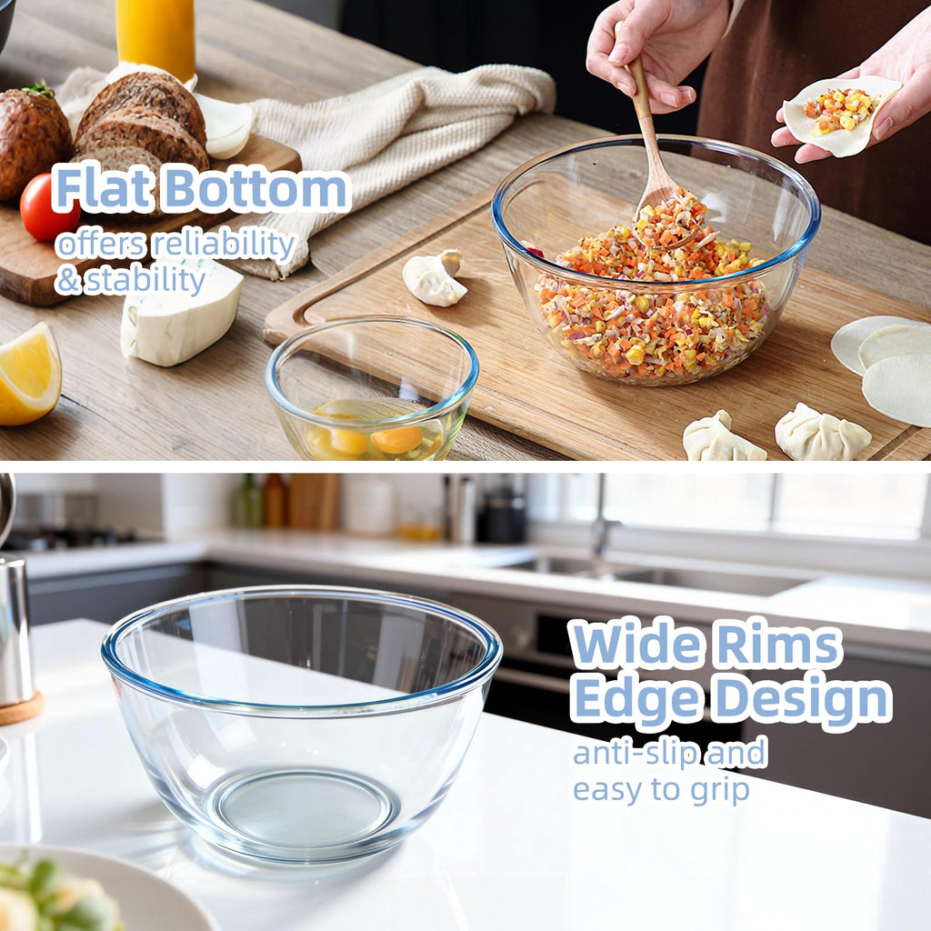 Glass Mixing Bowls Glass Bowls with Lids Set(4.5QT,2.7QT, 1.1QT),Large Salad Bowls,glass mixing bowl Space-Saving