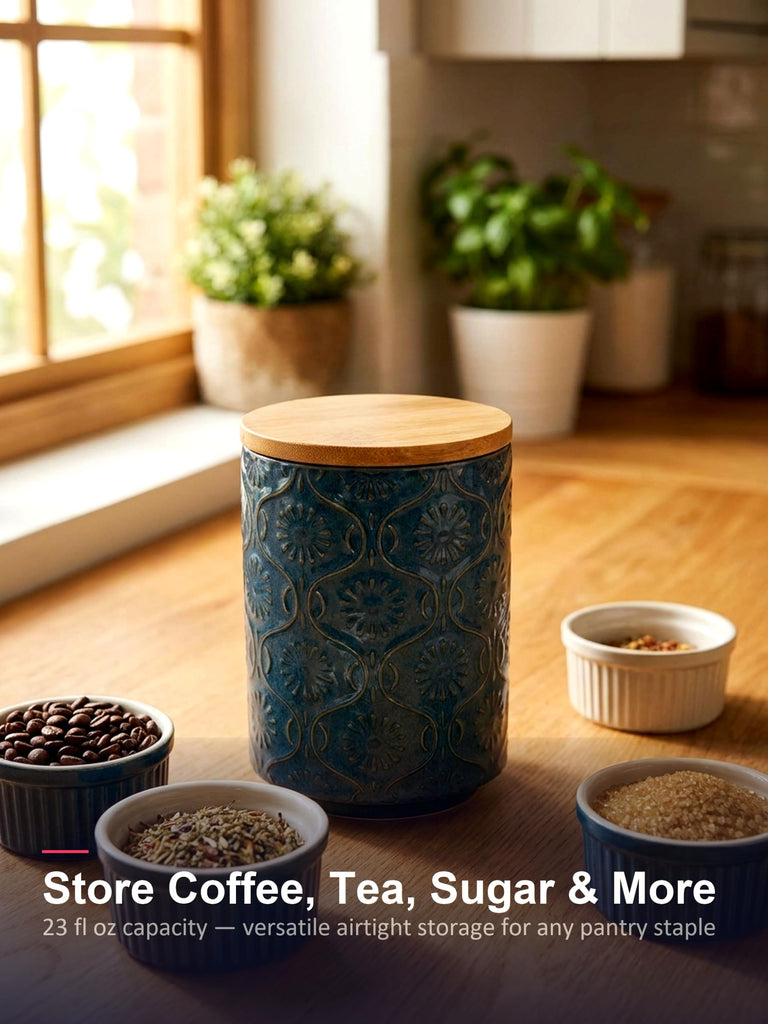 Embossed Ceramic Canister, Stylish Airtight Storage, Coffee, Tea, Sugar, 23 Fl Oz, Darkblue