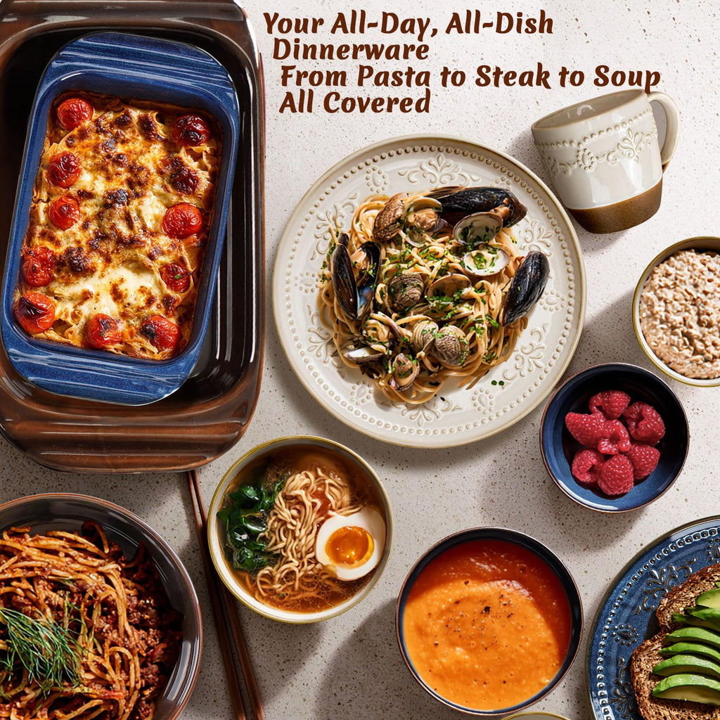 24-Piece Handcrafted Ceramic Dinnerware Set with Mugs, Service for 6 - Reactive Glaze Embossed Plates, Bowls & Mugs