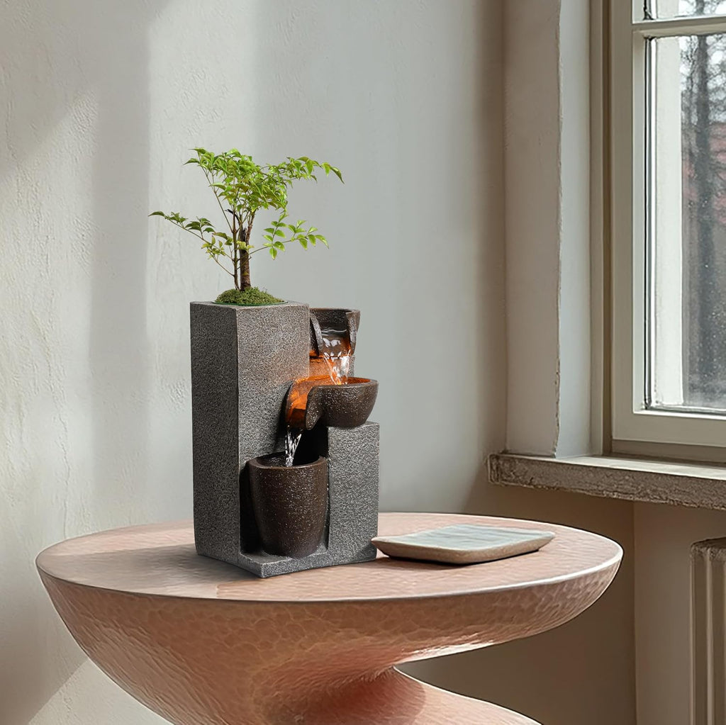 Resin Tabletop Waterfall Fountain with LED Light & Plant Pot, Indoor Desk Water Fountains Decor (22028N)