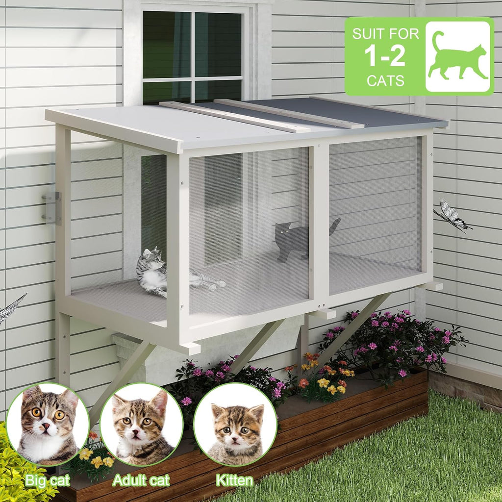 46.8" L Cat Window Box, Outdoor Enclosure for Indoor Cats, Wooden Window Catio for 1-3 Cats, Cat Wall-Mounted Perch