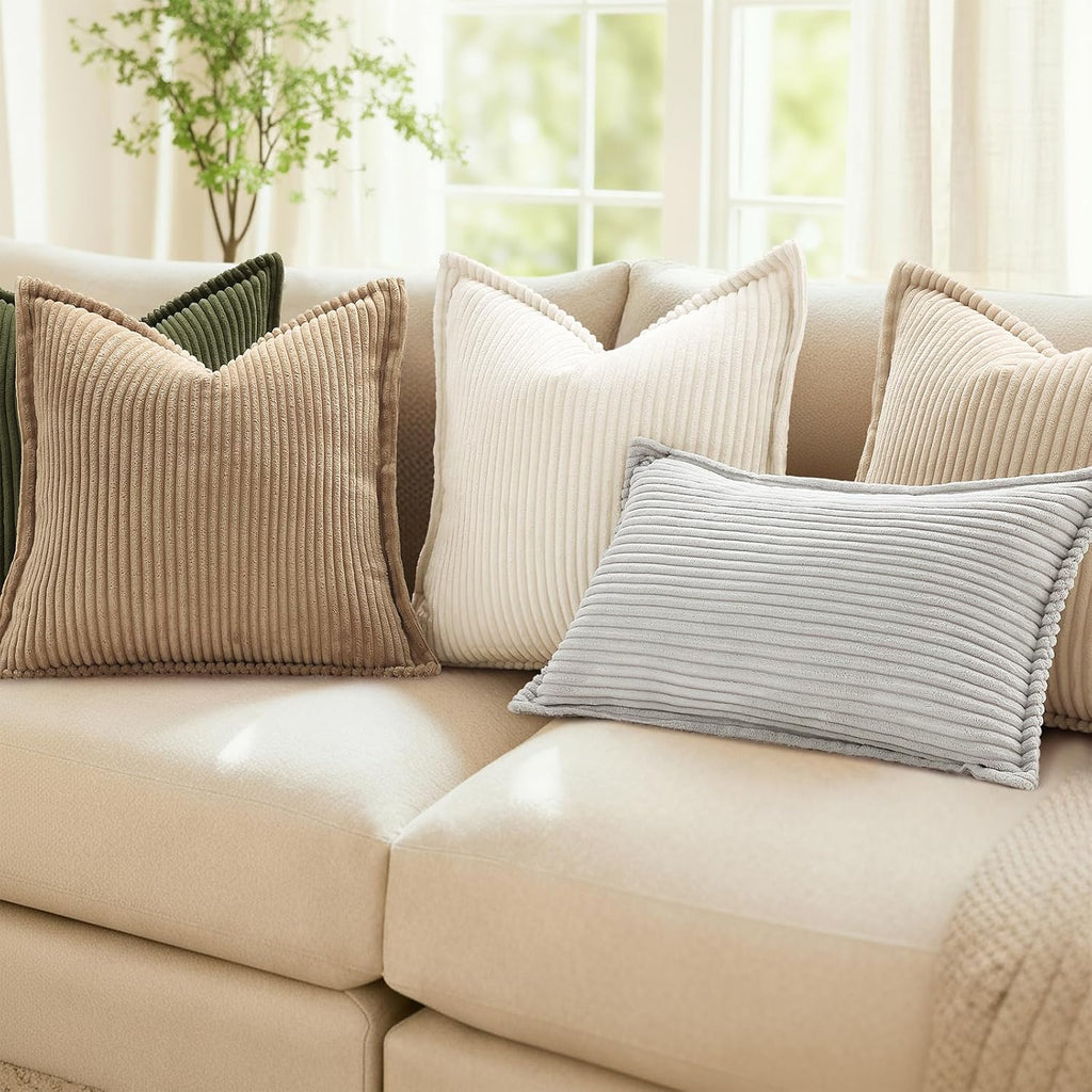 Corduroy Summer Throw Pillow Covers 18x18 Set of 2, Neutral Decorative Soft Boho Couch Pillow Covers with Broadside