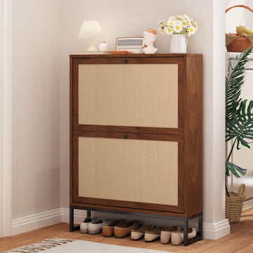 Narrow Sim Shoe Cabinet with 2 Flip Drawer, Sim Wooden Shoe Rack, Walnut