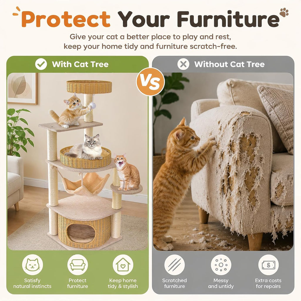 Modern Wood Cat Tree for Large Cats, Multi-Level Cat Tower with Handwoven Condo, Heavy Duty Cat Furniture with Sisal