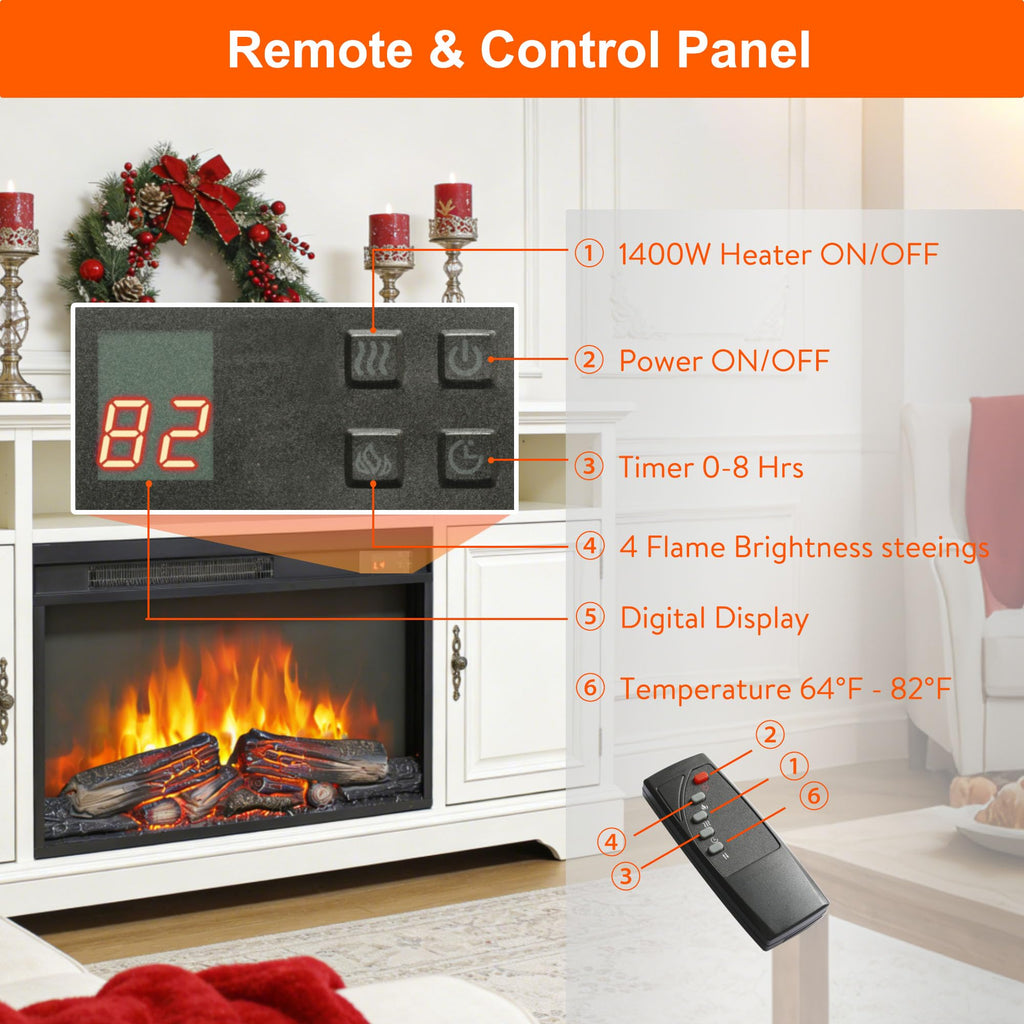 26" Electric Fireplace Insert, Realistic Flame & Logs, Fireplace Heater with Adjustable 4 Flame Brightness, Remote