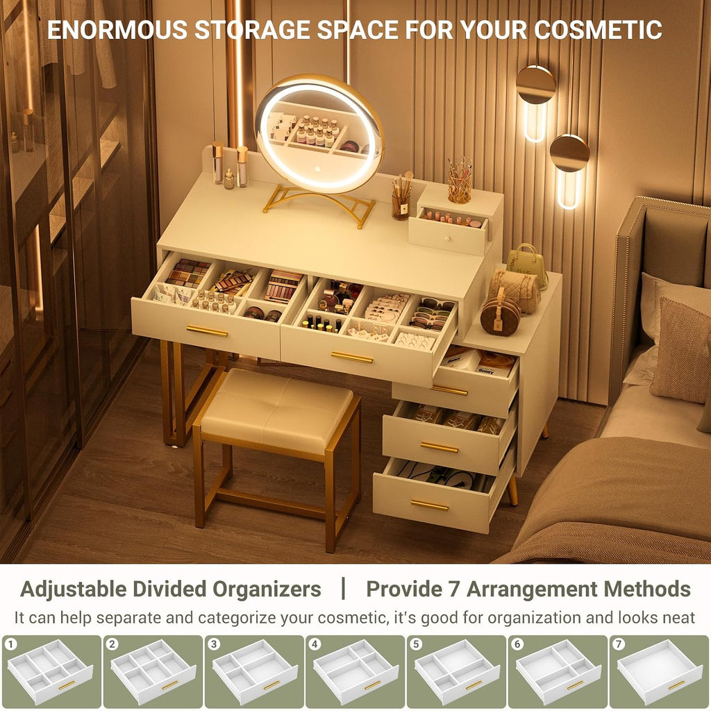 White Vanity Desk with Mirror and Lights, Modern Makeup Vanity Table Set with 6 Storage Drawers and Cushioned Stool