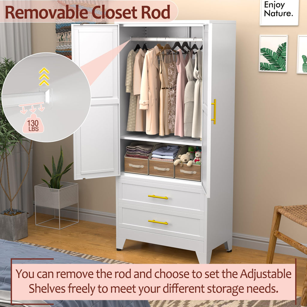 Metal Armoire Wardrobe Closet with 2 Drawers, 71" Wardrobe Cabinet with Adjustable Shelves and Hanging Rod, Clothing