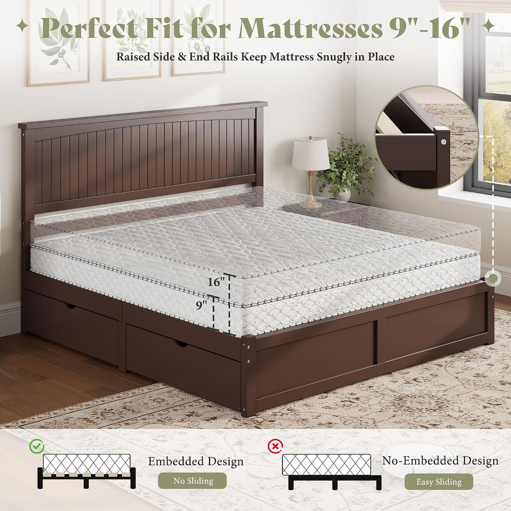 Solid Wood Queen Storage Bed Frame with 50" Headboard, Espresso
