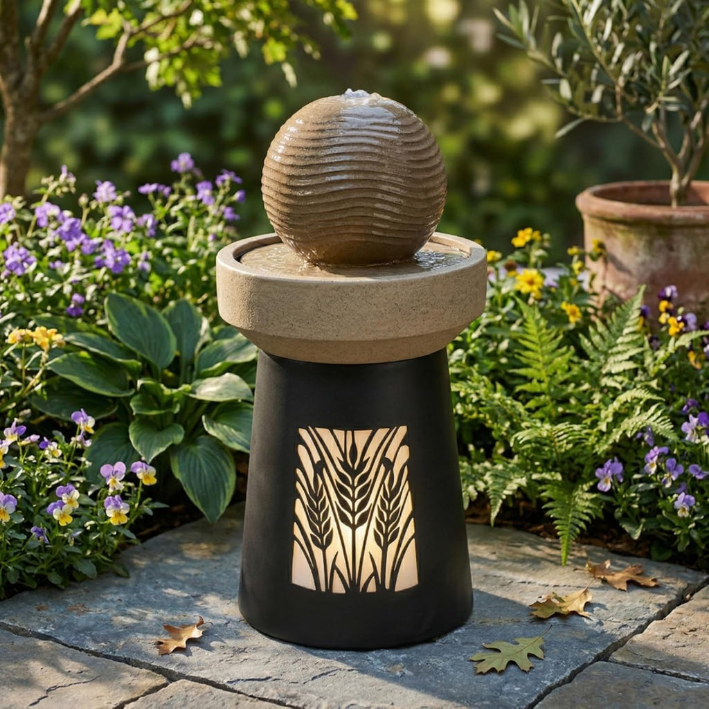 Modern Sphere Water Fountain with LED Lights and Quiet Pump, Freestanding Resin Zen Decor, Suitable , Balcony, Indoor