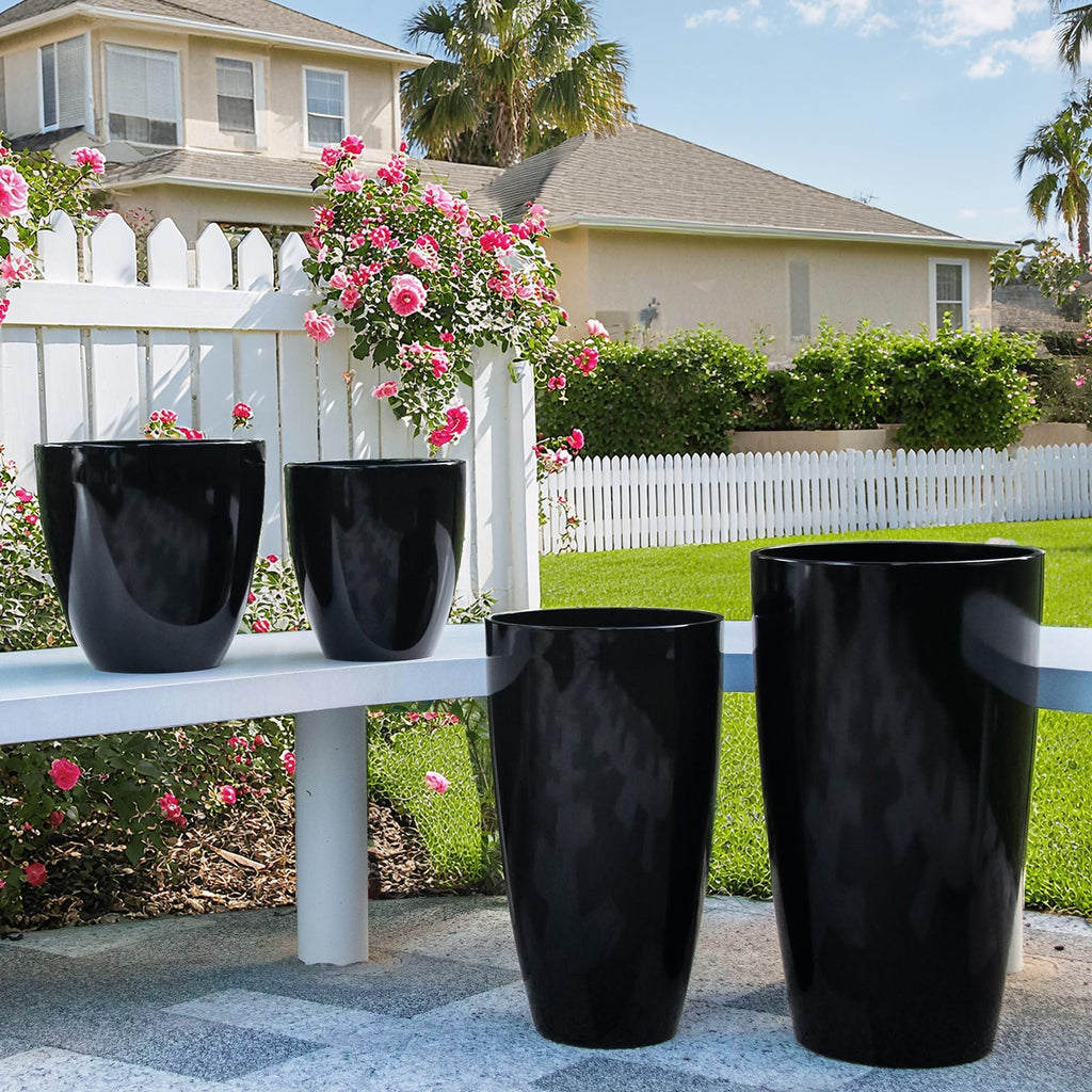 24/21/12/10" H Large Plastic Planters with Drainage Hole and Saucer -Set of 4 Tall Plant Pots for Indoor & Outdoor