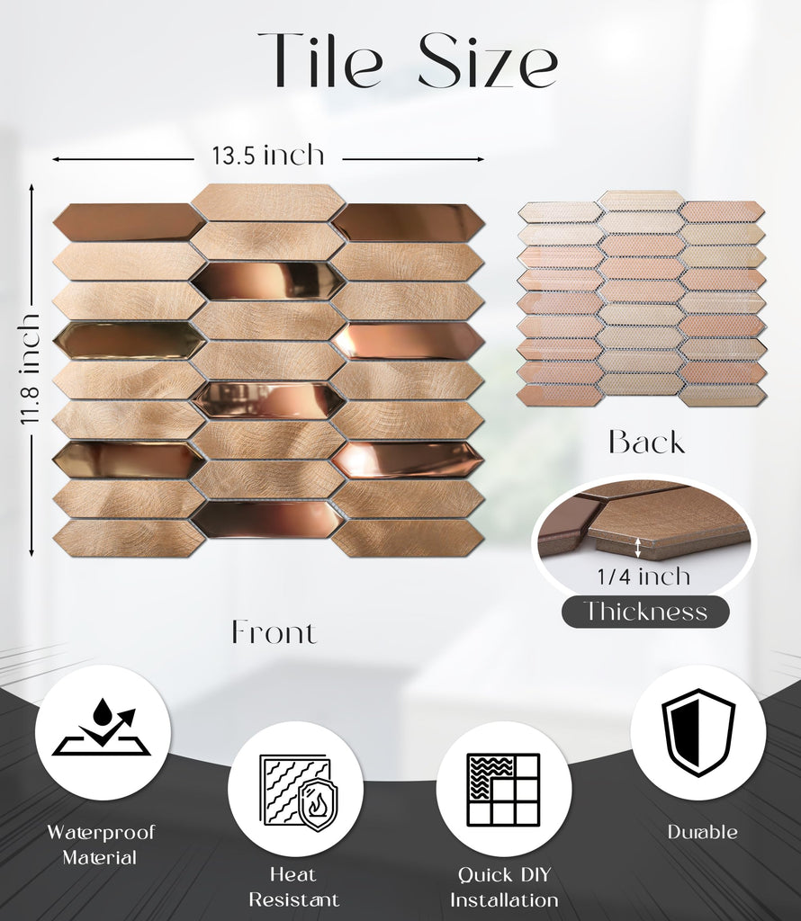 Champagne Gold Tile Long Hexagon Mosaic Tiles Backsplash Wall Bath Shower Floor Real Metal Tile5 Sheets: