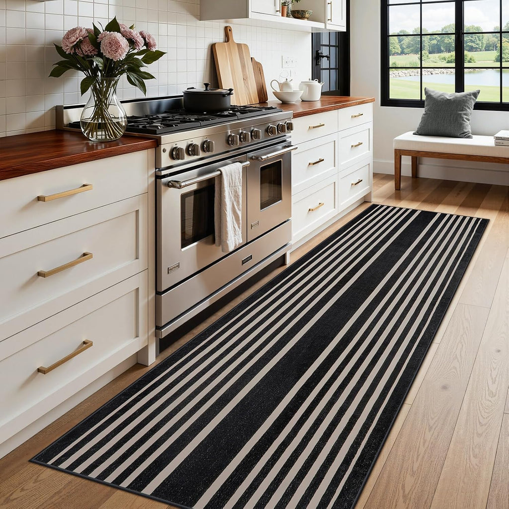 Black and White Striped Runner Rug, 2. Washable Geometric Rugs, Non Slip Rubber Backing Indoor Runner Rugs Modern