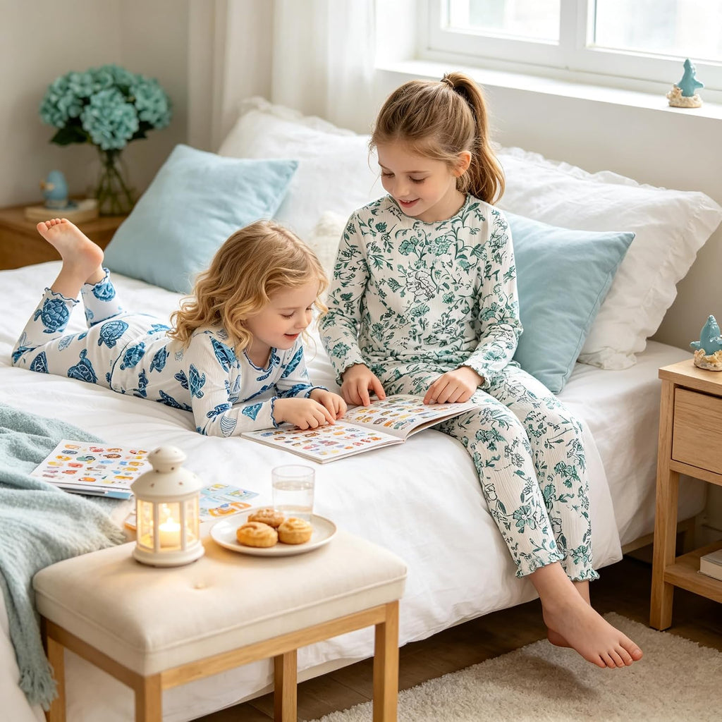 Toddler Girl 4 Piece Pajamas Sets, Snug Fit Lettuce Trim Printed Sleepwear