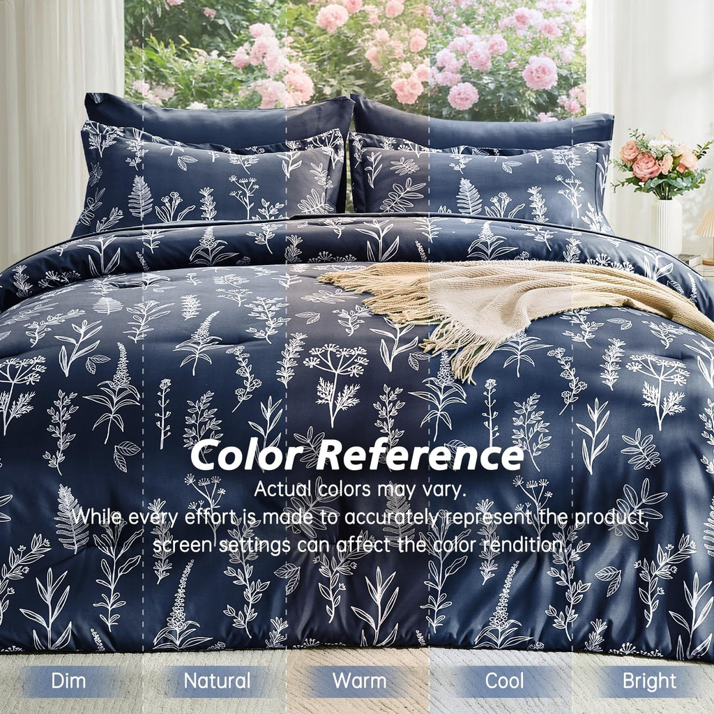 Oversized Comforter Set, 7-Piece Floral Bed in a Bag, Navy Blue