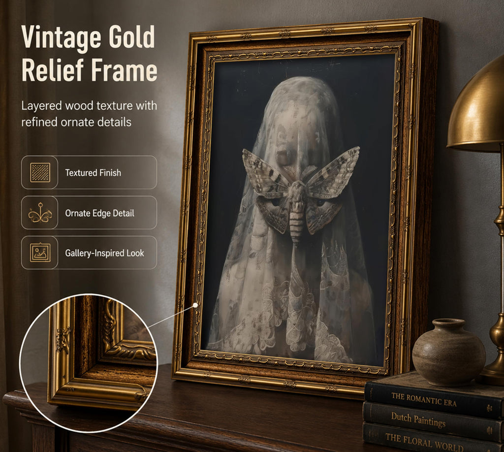 Vintage Gold Framed Death Moth Veiled Woman Wall Art, Gothic Surreal Canvas Print, Dark Academia Victorian Witchy