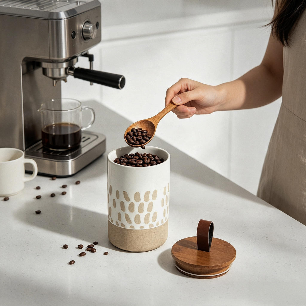 28 FL OZ Boho Ceramic Jar, Airtight Bamboo Lid, Canister for Coffee Beans