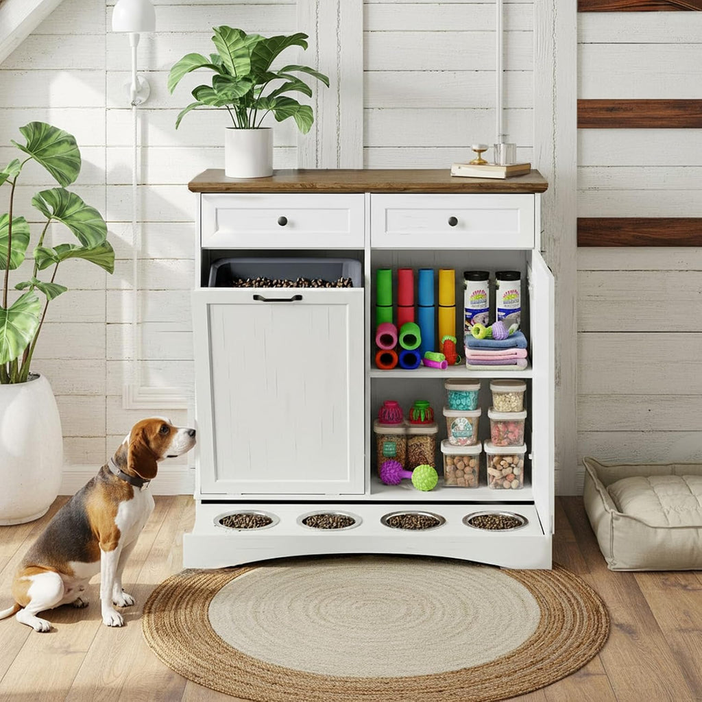 Double Tilt Out Trash Can Cabinet with Dog Bowl, 10 Gallons Dog Food Storage Cabinet, Hidden Trash Can Cabinet