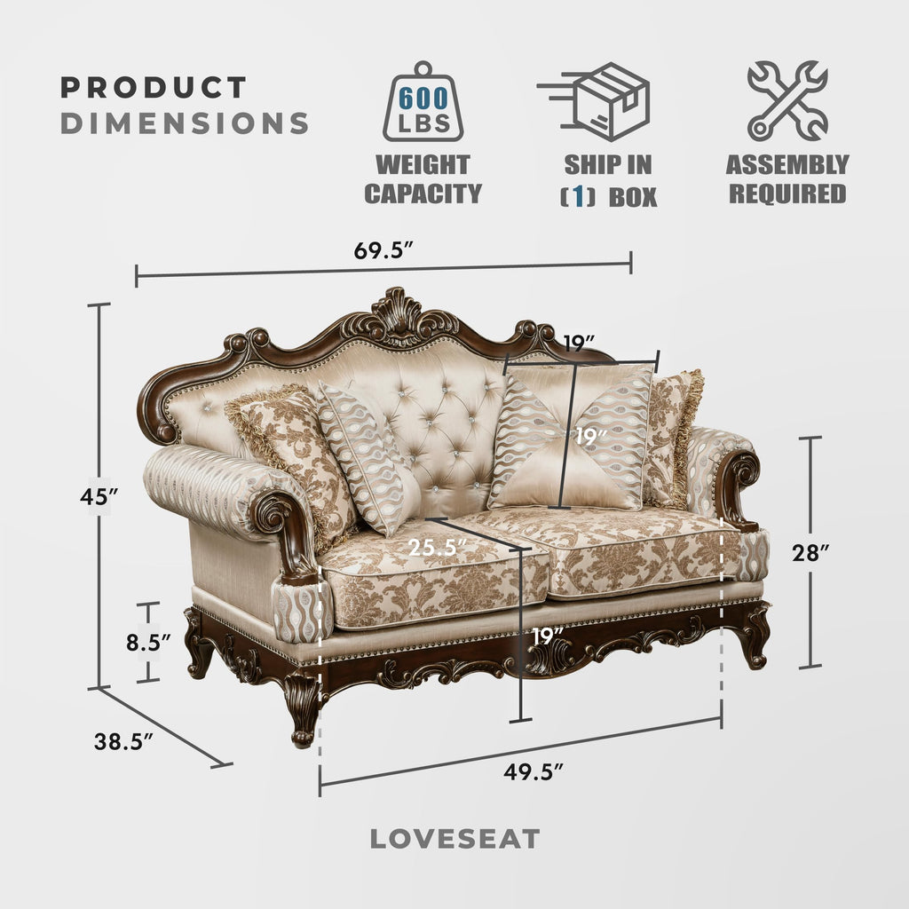 Traditional Chenille Loveseat, 4 Accent Pilows, Brown