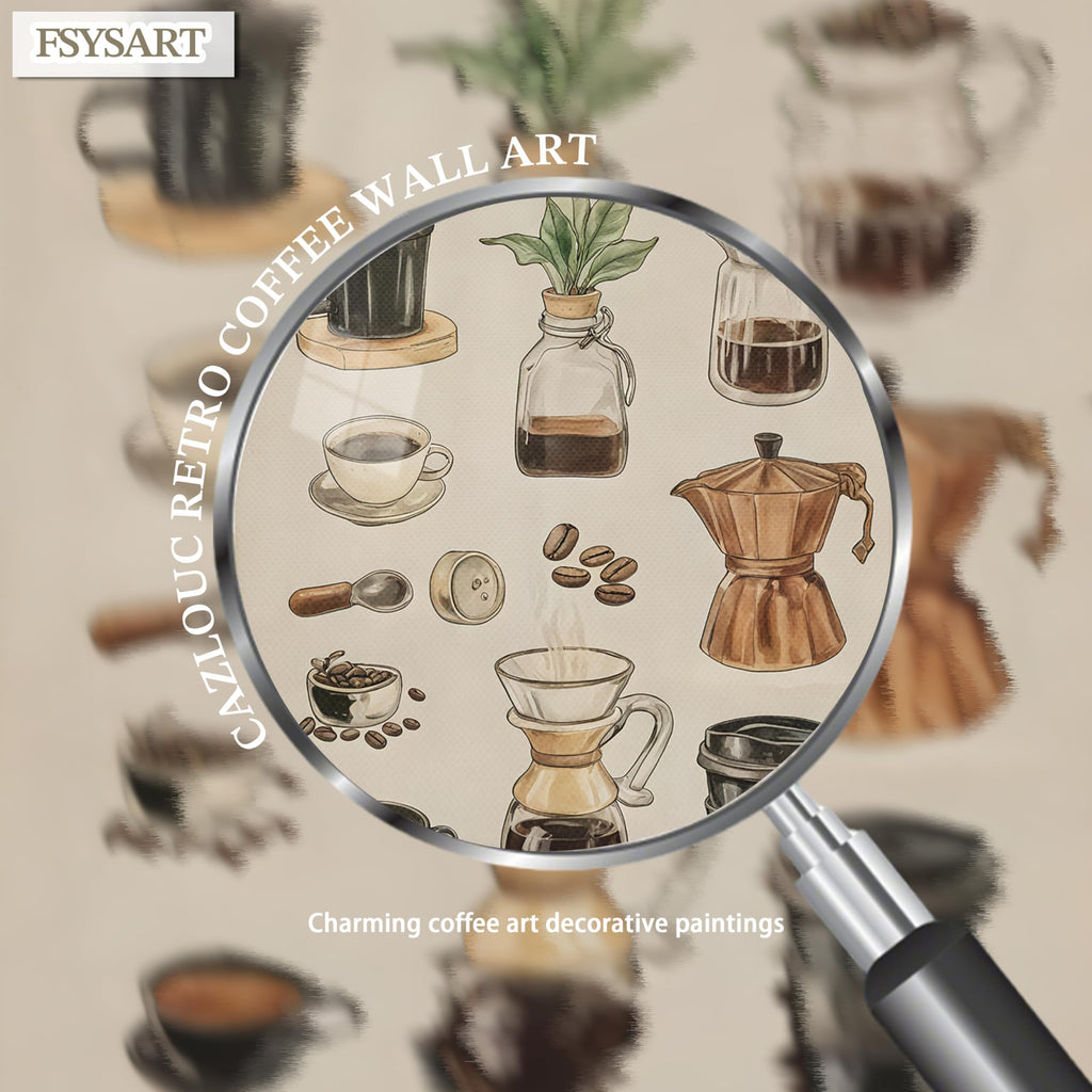 Framed Vintage Coffee Canvas Wall Art, Funky Espresso Coffee Tools Poster Prints, Modern Farmhouse Aesthetic
