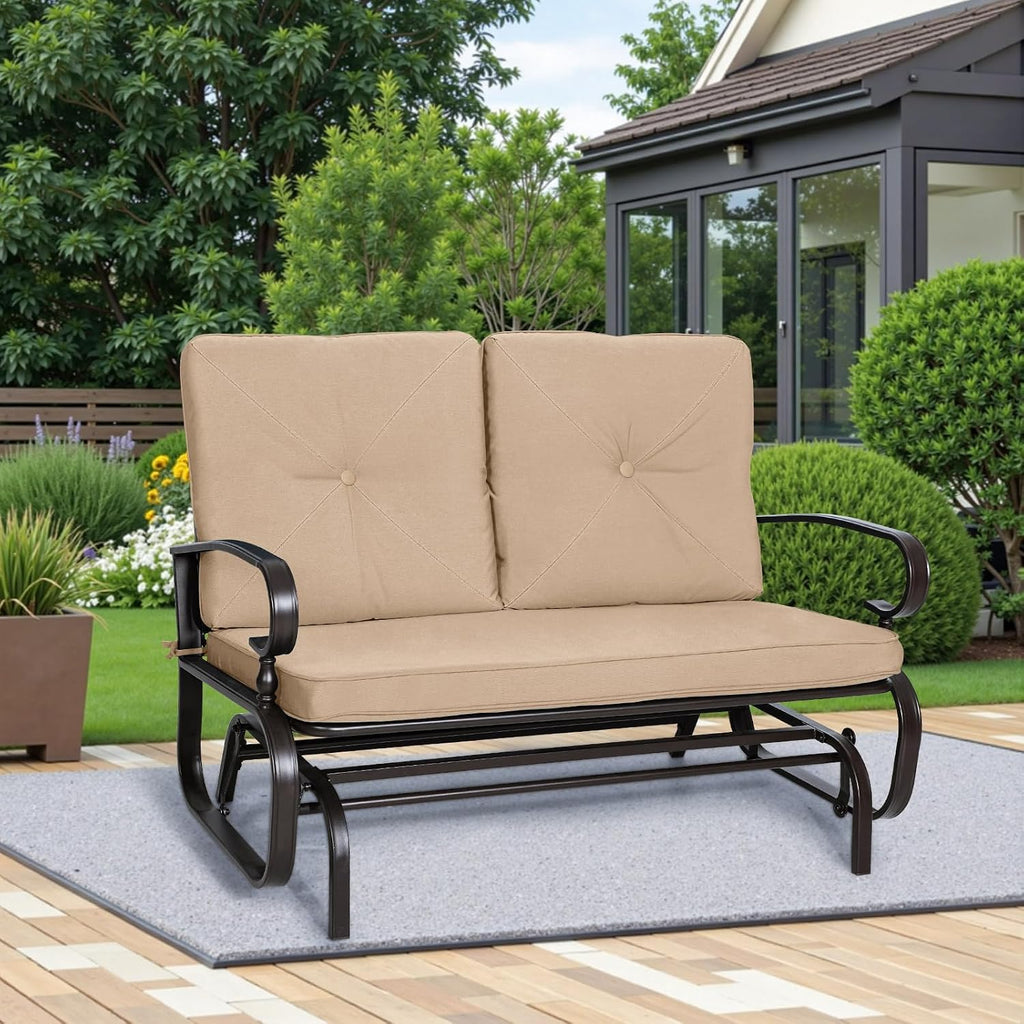 Outdoor Loveseat Patio Swing Glider Bench 2 Seats Rocking Chair, Wrought Iron Chair Set with Brown Cushion
