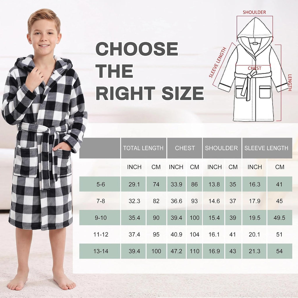 Boys Fleece Hooded Robe, Soft Print Bathrobe Kids 5-14(Black Plaid13-14)