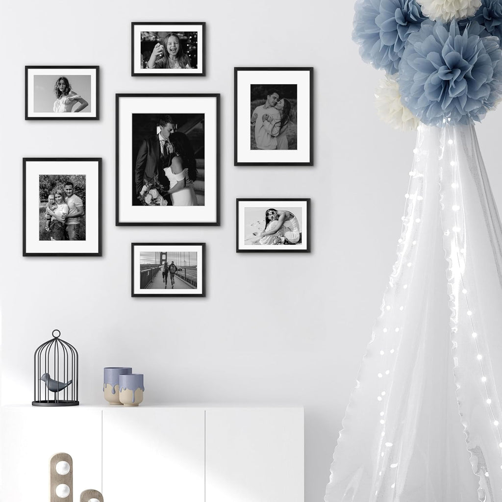 7 Pack Aluminum Picture Frame with Mat for Gallery Wall, Black | Set includes one 11x14, two 8x10, four 5x7 frames