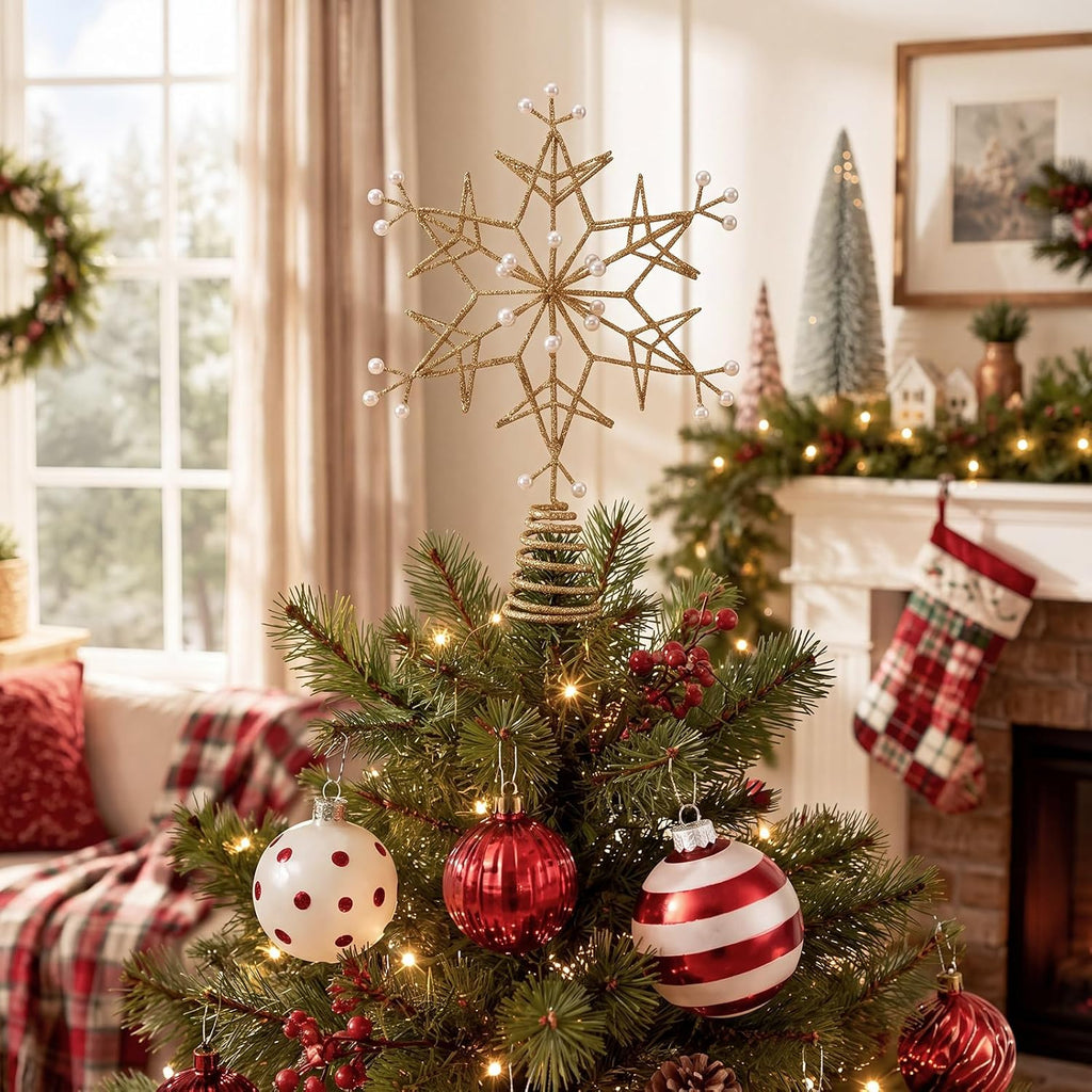 12.6 Inch Snowflake Christmas Tree Topper, Golden Glitter with Pearl