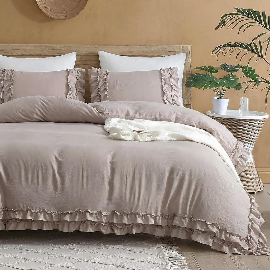 Taupe King Comforter Shabby Chic Ruffled Bedding Set Taupe Ruffle Fringe Farmhouse Bedding Super Soft Fluffy Boho