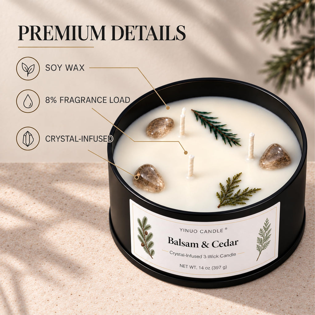 Balsam & Cedar Scented Candles, 14 oz 3-Wick Crystal-Infused