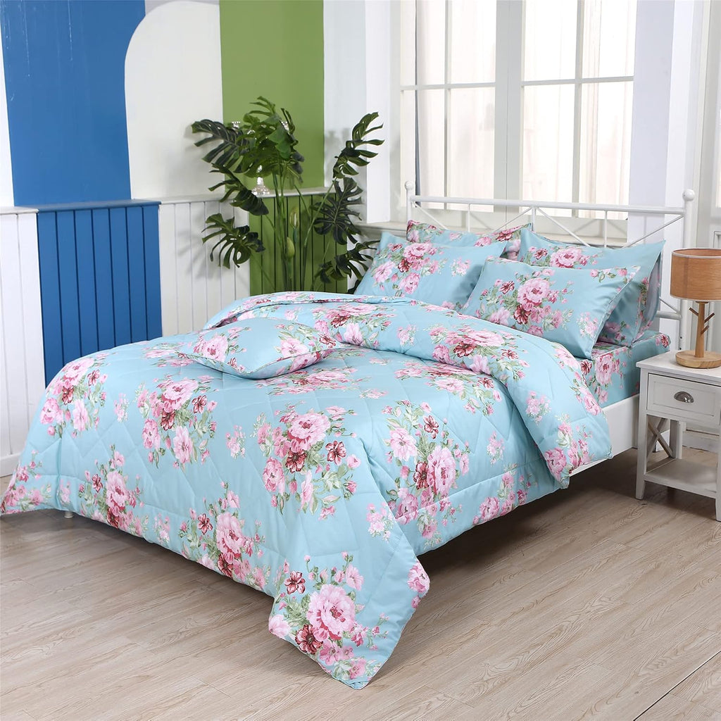 Blue Comforter Set Queen 3Pcs Vintage Floral Summer Quilt 100% Cotton Fabric with Soft Microfiber Inner Fill Bedding