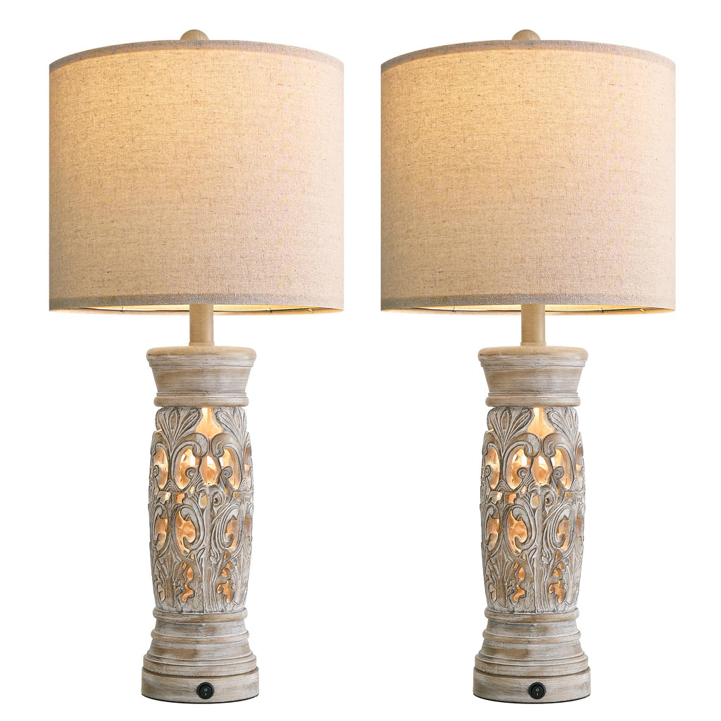 27.25"Farmhouse Table Lamps Set of 2 with Night Light, Rustic Bedside Lamp