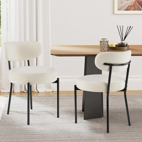 Dining Chairs Set of 2, Boucle Upholstered Modern Mid Century Round Kitchen Chairs with Curved Backrest & Metal Legs