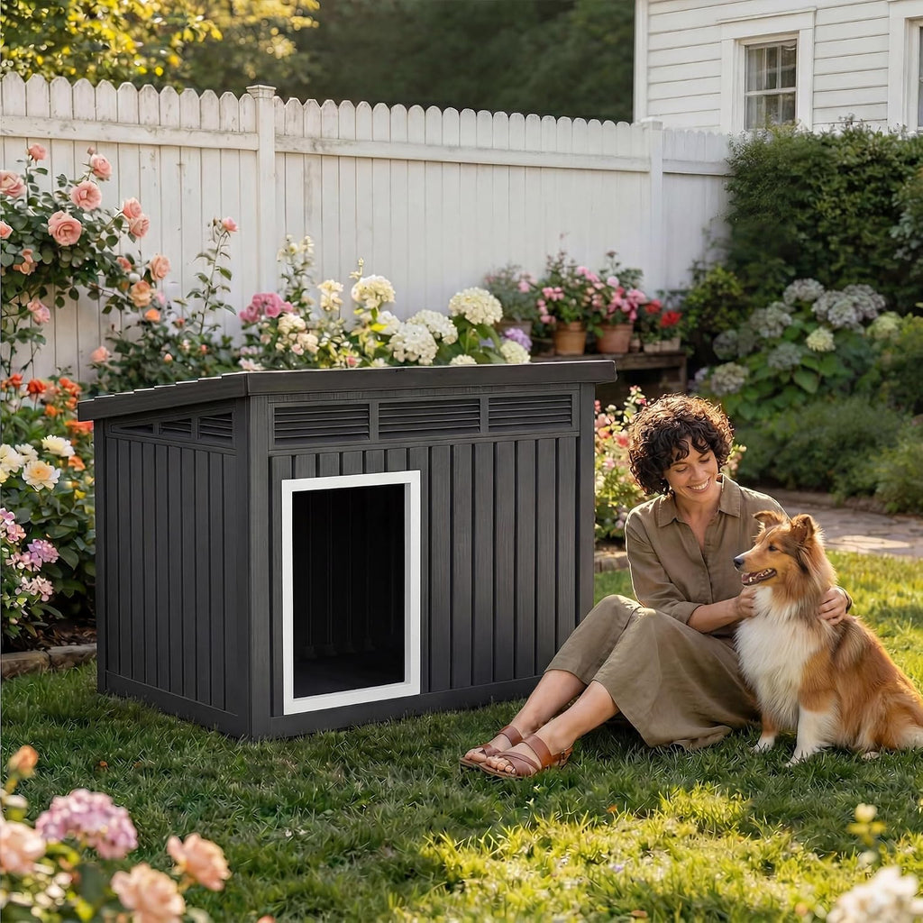 Large Dog House, Weatherproof Resin Large Dog House Outdoor with Sloped Roof & Ventilation, Indoor Outdoor Dog House