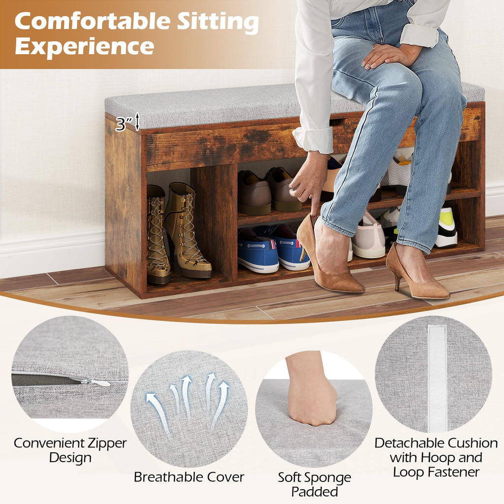 41 Inches Shoe Storage Bench, 3 Tier Shoe Rack Organizer w/Flip-Top & Padded Seat Cushion, Shoes Rack w/Hidden