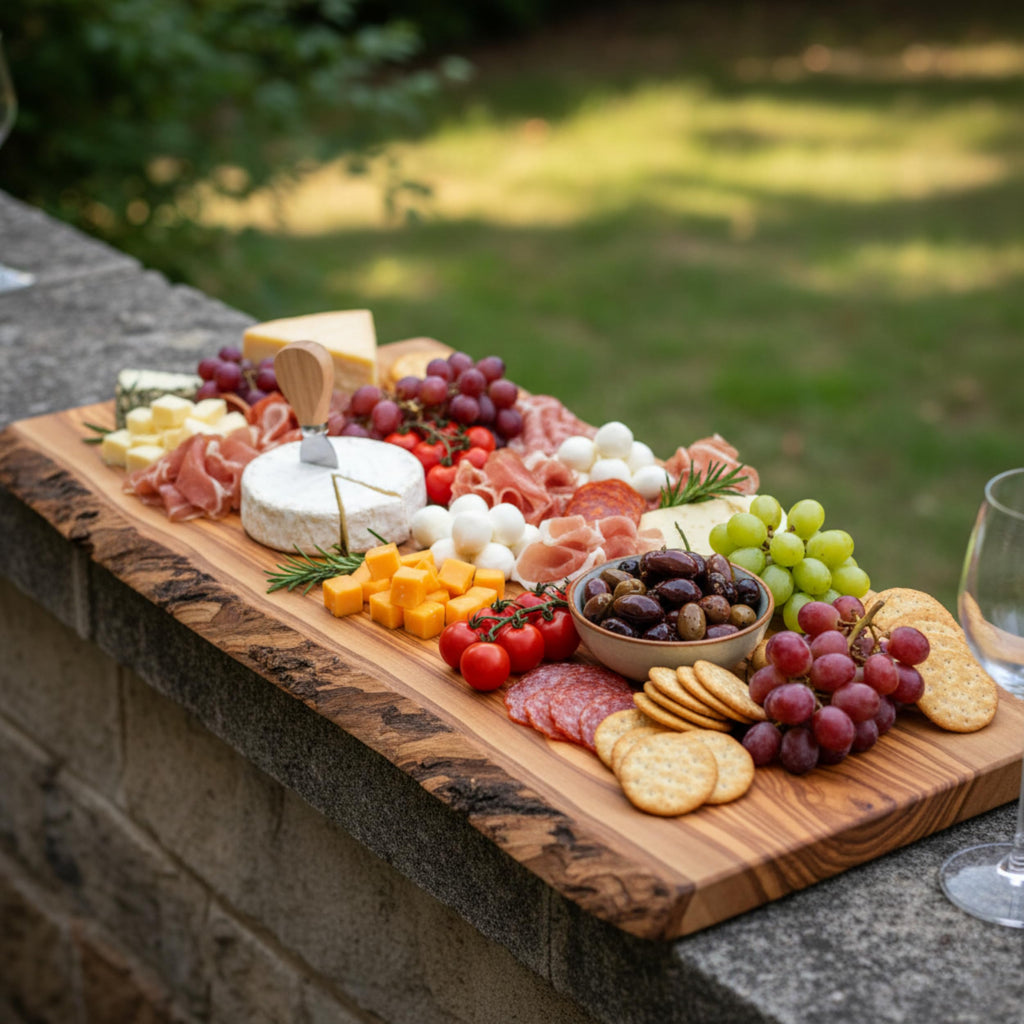 Live Edge Olive Wood Cutting Board 16"L X 7"W X 0.75"TH Rustic Large Wooden Charcuterie Board - Handmade Bread &
