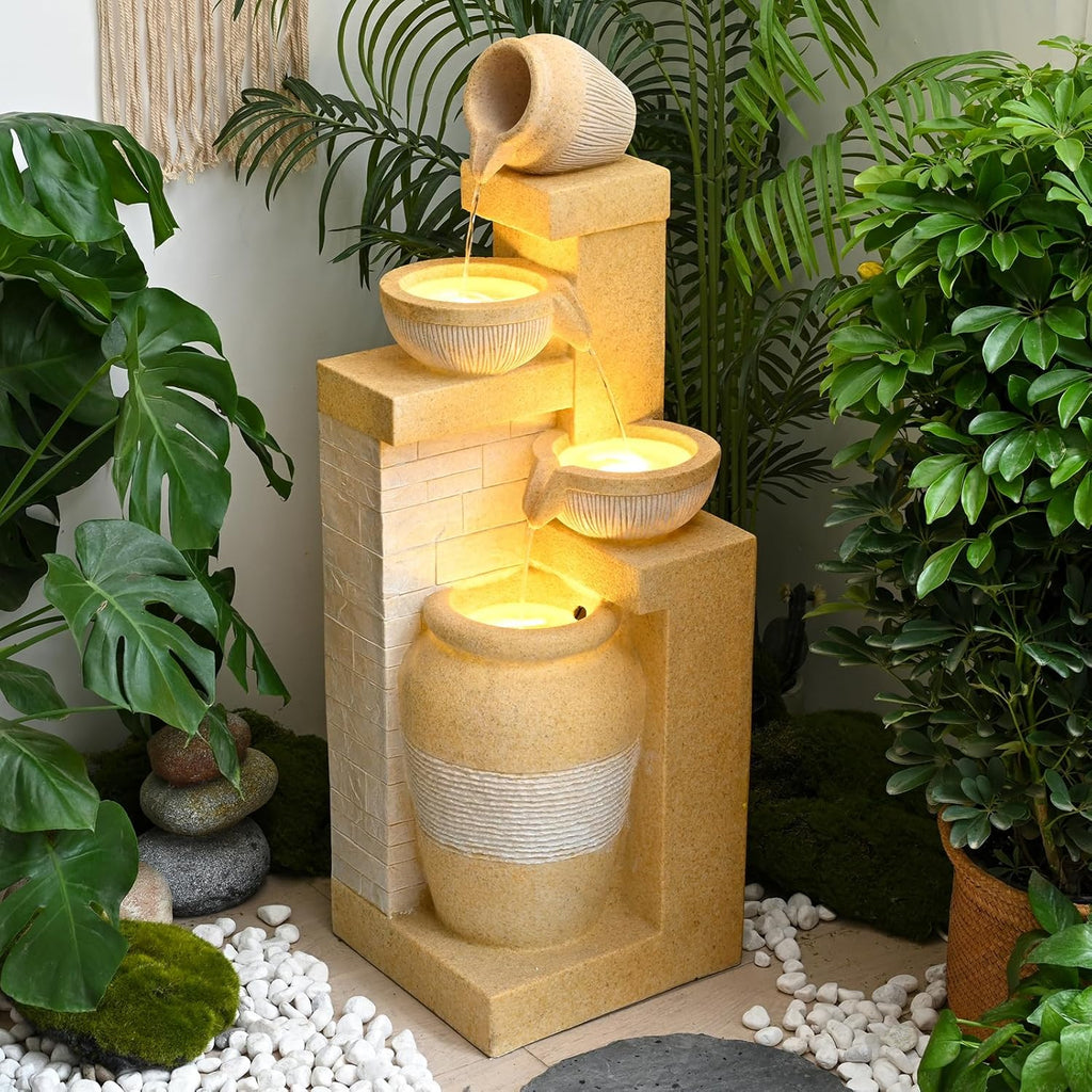 31.89" 4-Tier Outdoor Garden Water Fountain, Floor-Standing Cascading Waterfall with LED Lights