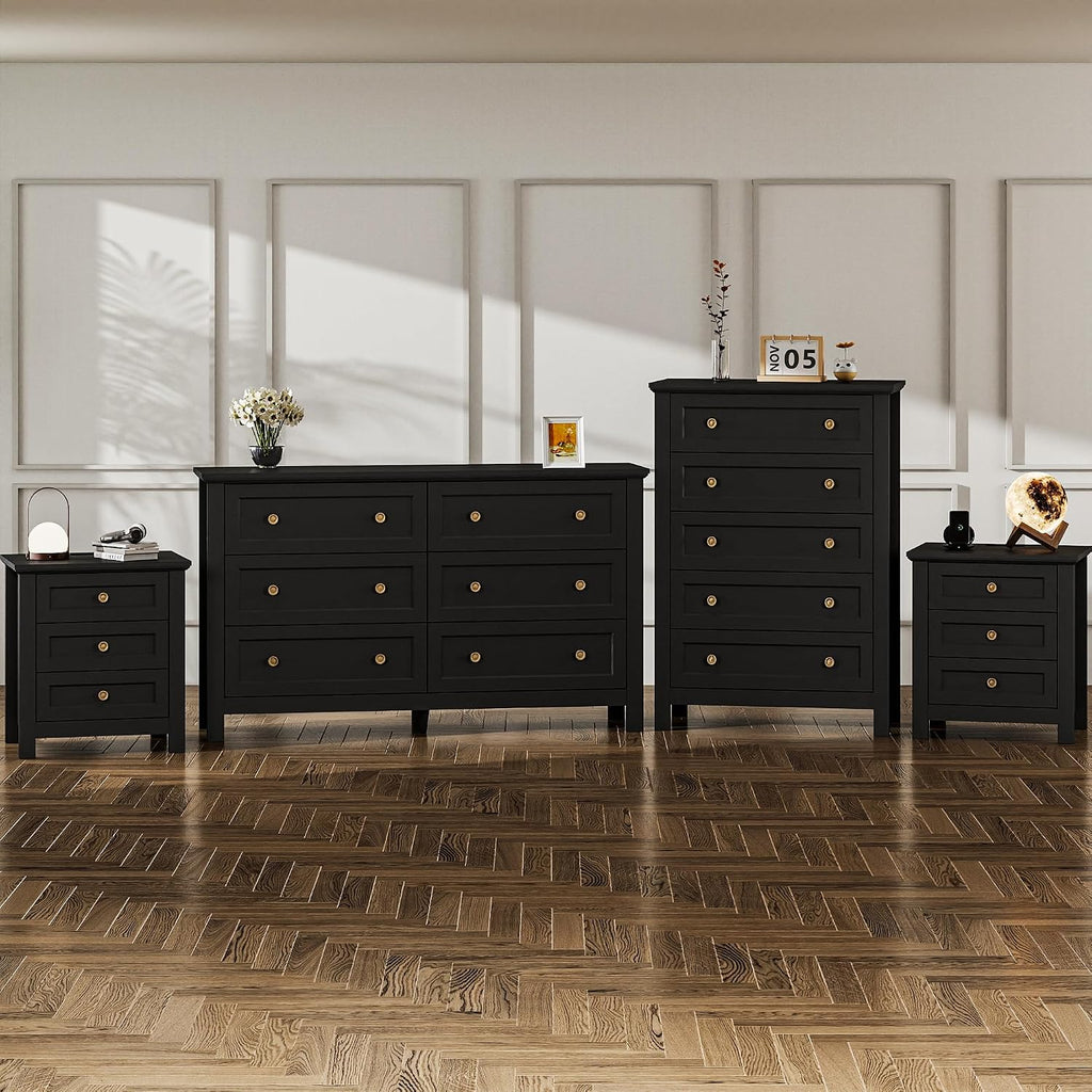 Farmhouse Dresser Nightstand Sets, 4-Piece Bedroom Furniture Set | 5/6 Drawer Dresser Closet & 3 Drawer Nightstand