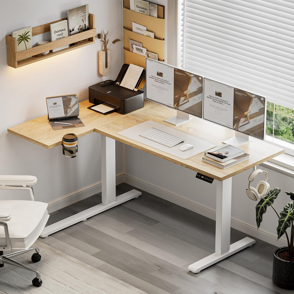 59" L Shaped Standing Desk with Cable Tray, Reversible, Oak