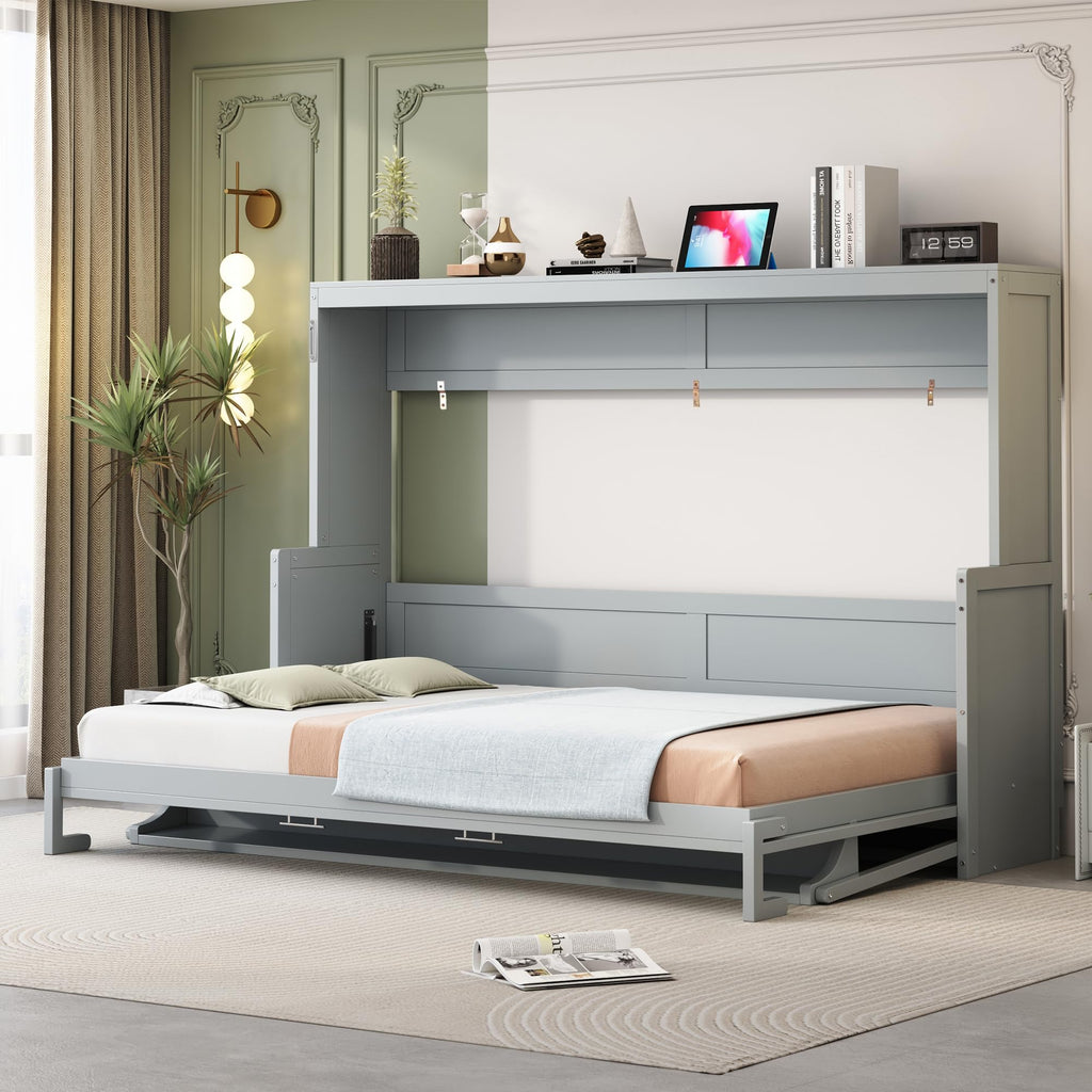 Queen Size Murphy Bed, Wood Murphy Wall Bed with Hydraulic Lift & Desk Design, Gray