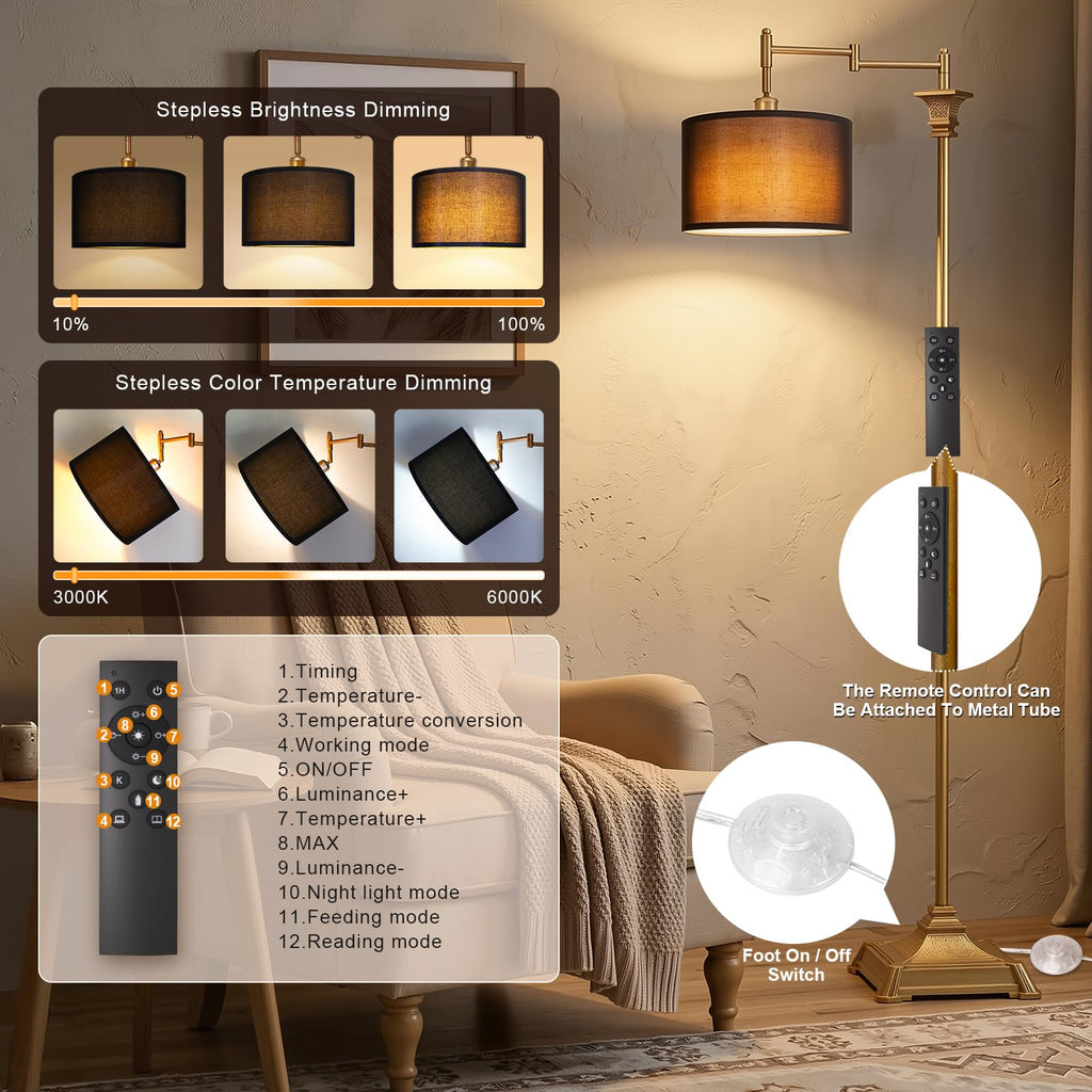 68" Floor Lamp with Remote Bedroom, Antique Gold