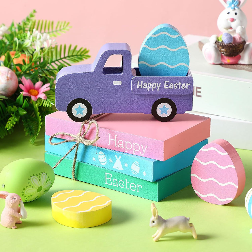 Easter Table Decorations Wooden Truck Easter Eggs Blocks Spring Wood Book Stacks Centerpieces Signs Indoor - Set of 5
