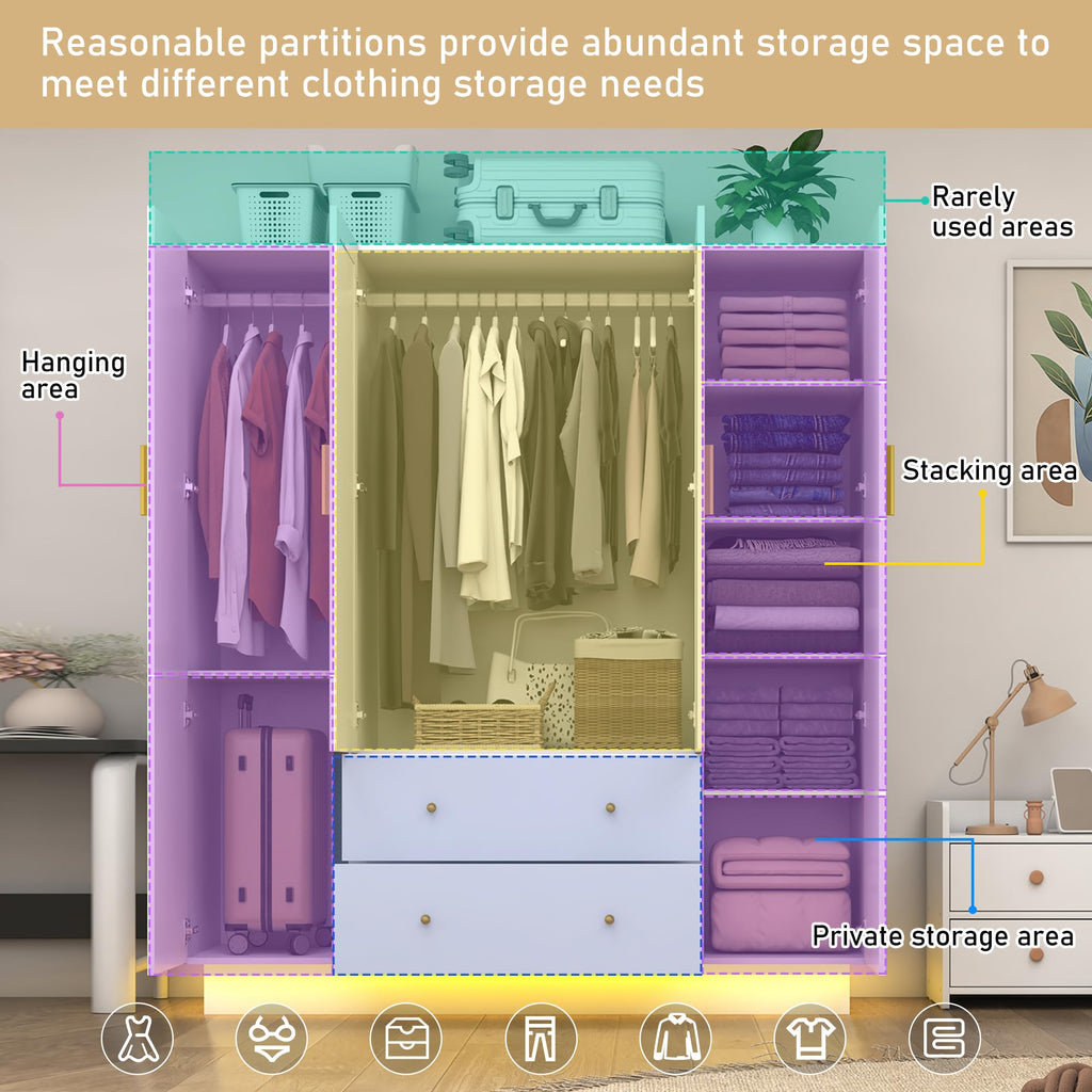 4 Door Wardrobe Closet with Mirrors and LED Lights, Bedroom Armoire with Drawers and Shelves, Modern Wooden Armoire