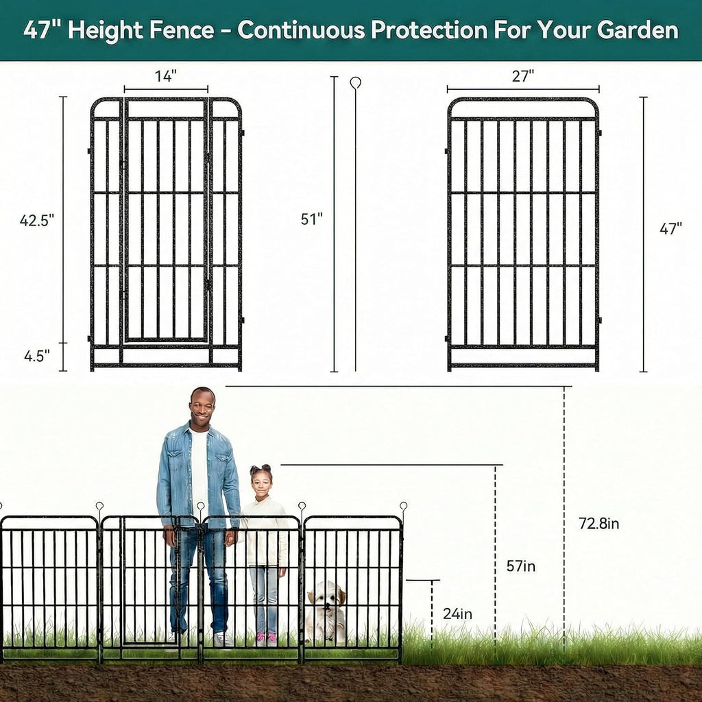 12 Panels No Dig Outdoor Garden Fence with Gate for Yard, 47 in X 27 ft | Rustproof Metal Coating-Strengthened Dog