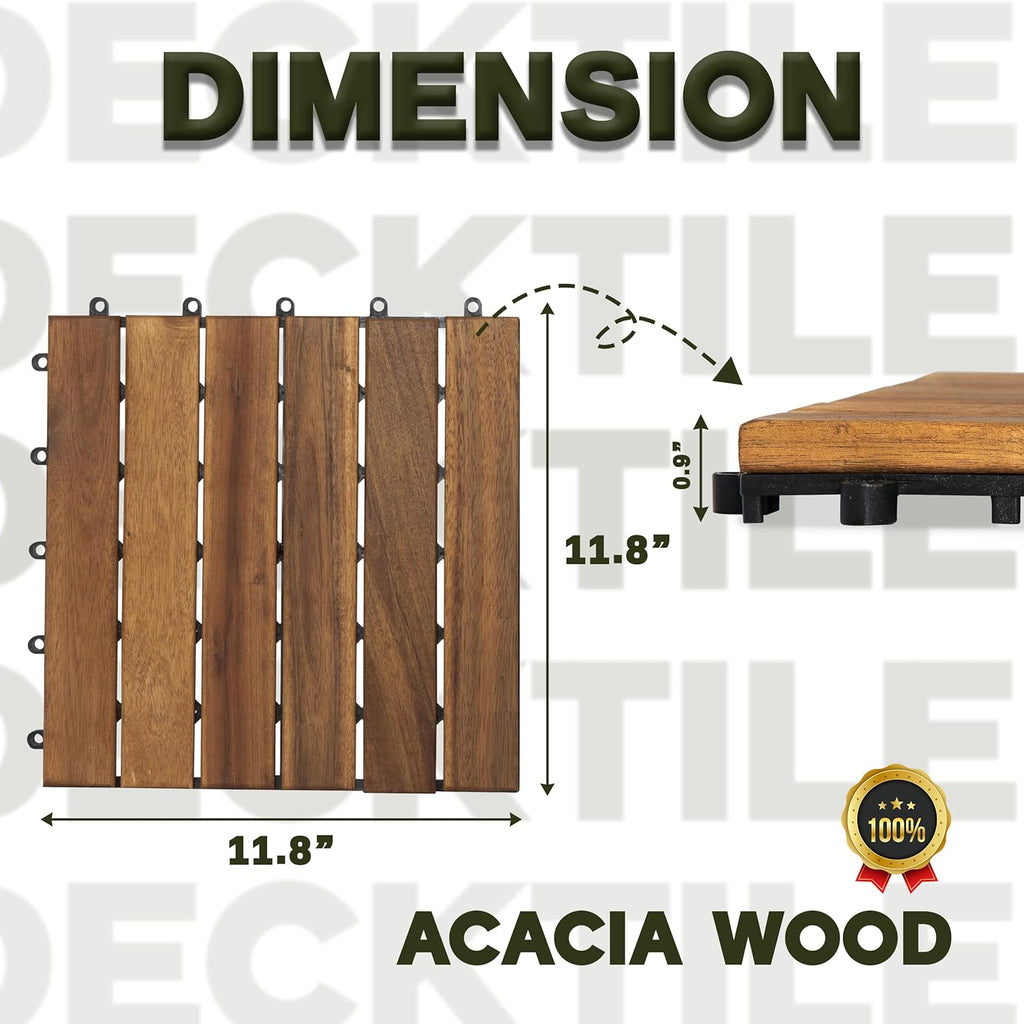 Natural Acacia 12x12 Interlocking Wood Deck Tiles for Balcony, Garden, Patio, Poolside Decor - Waterproof Indoor &