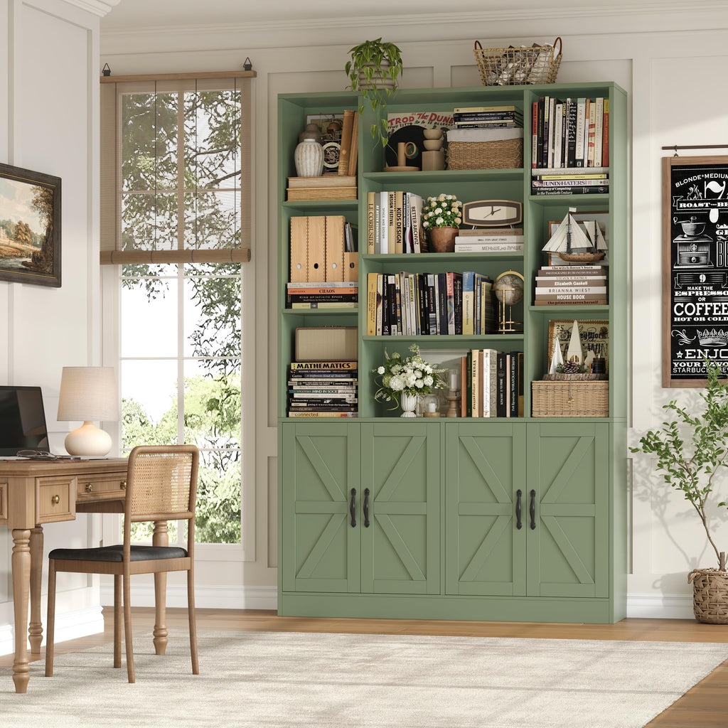 72" Tall Bookshelf, Large Farmhouse Bookcase with Storage, Green